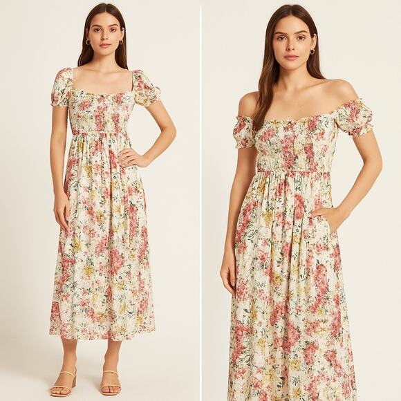 Lulus Size XS Always So Sweet Cream Floral Smocked Puff Sleeve Maxi Dress - Picture 1 of 10